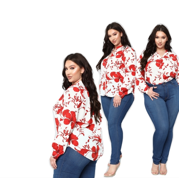 Plus Size Red/Ivory Button Down Floral Top - Picture 2 of 4